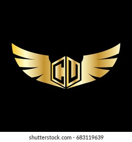 Initial Letter CU CV Logo, Hexagonal Shape with Wings Icon