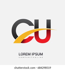 initial letter CU logotype company name colored red, black and yellow swoosh design. isolated on white background.
