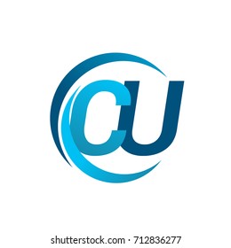 initial letter CU logotype company name blue circle and swoosh design. vector logo for business and company identity.