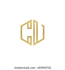 Initial letter CU, minimalist line art hexagon shape logo, gold color
