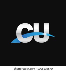 Initial letter CU, overlapping movement swoosh logo, metal silver blue color on black background