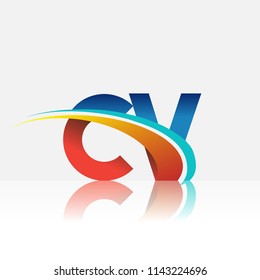 initial letter CV logotype company name colored red and blue and swoosh design. vector logo for business and company identity.
