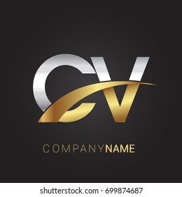 initial letter CV logotype company name colored gold and silver swoosh design. isolated on black background.