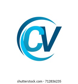 initial letter CV logotype company name blue circle and swoosh design. vector logo for business and company identity.