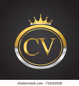 initial letter CV logotype company name with oval shape and crown, gold and silver color. vector logo for business and company identity.