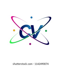 initial letter CV logotype science icon colored blue, red, green and yellow swoosh design. vector logo for business and company identity.