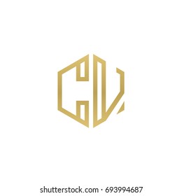 Initial letter CV, minimalist line art hexagon shape logo, gold color