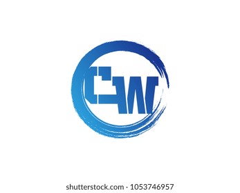 Initial letter CW logo with blue zen brush