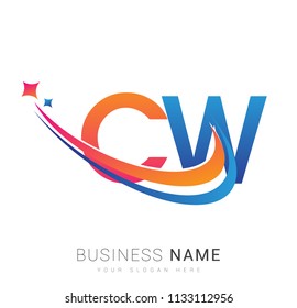 initial letter CW logotype company name colored orange, red and blue swoosh star design. vector logo for business and company identity.