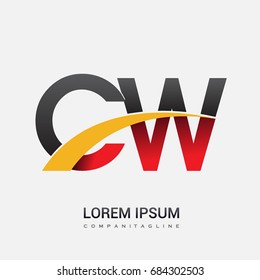 initial letter CW logotype company name colored red, black and yellow swoosh design. isolated on white background.
