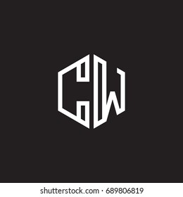 Initial letter CW, minimalist line art monogram hexagon shape logo, white color on black background