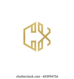 Initial letter CX, minimalist line art hexagon shape logo, gold color