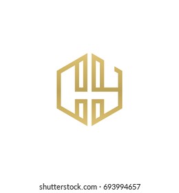 Initial letter CY, minimalist line art hexagon shape logo, gold color