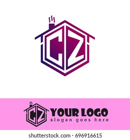 Initial Letter CZ Linked Logo, House Illustration with Purple Color