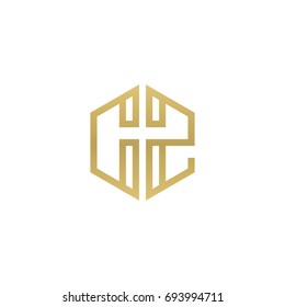 Initial letter CZ, minimalist line art hexagon shape logo, gold color