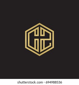Initial letter CZ, minimalist line art hexagon logo, gold color on black background