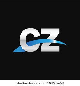 Initial letter CZ, overlapping movement swoosh logo, metal silver blue color on black background