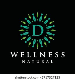 Letra inicial D alfabeto bienestar, verde, hojas, natural, salud, orgánico, diseño de logotipo, hoja circular naturaleza icono gráfico Vector Plantilla