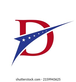 Logo de la carta inicial D americana para la firma comercial, corporativa y de la empresa. EE.UU., logotipo americano en el concepto de estrella de plantilla de vectores de letras D