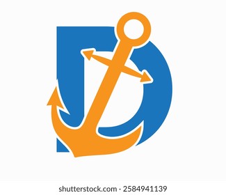 Initial Letter D Anchor Logo Design Concept For Boat, Ship, Yacht, Nautical Transport Symbol