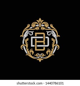 Initial letter D and B, DB, BD, decorative ornament emblem badge, overlapping monogram logo, elegant luxury silver gold color on black background