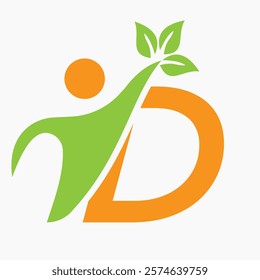 Initial Letter D Bio or Healthcare Logo Design Concept With Human And Green Leaf Symbol