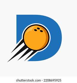 Initial Letter D Bowling Logo Concept With Moving Bowling Ball Icon. Bowling Sports Logotype Symbol Vector Template