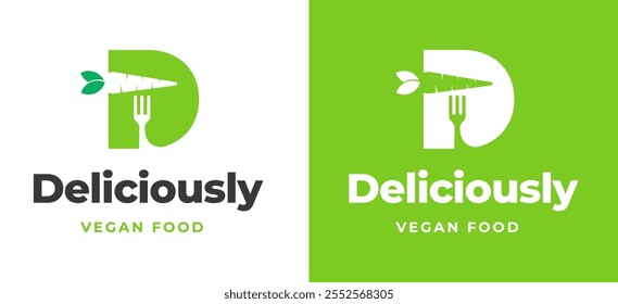 Letra inicial D con Inspiración de logotipo de icono de zanahoria y tenedor. Icono de zanahoria con el logotipo de la letra D para la marca de restaurantes, veganos, cafés y servicios de alimentos. Ilustración del logotipo del Vector del restaurante del alfabeto.