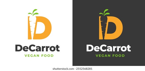 Letra inicial D con Inspiración de logotipo de icono de zanahoria. Icono de zanahoria con el logotipo de la letra D para la marca de restaurantes, veganos, cafés y servicios de alimentos. Ilustración del logotipo del Vector del restaurante del alfabeto.