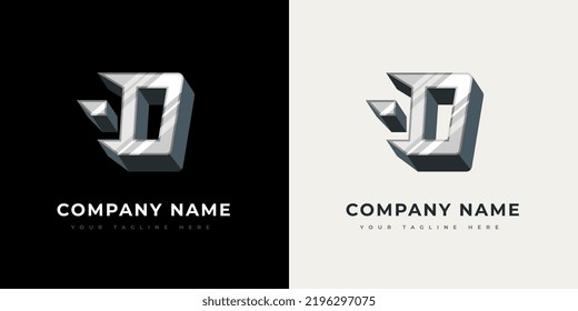 Logo des Unternehmens für den Anfangsbuchstaben D. Silber Monogramm D mit geraden Linien und Highlights. Einzeln auf weißem und schwarzem Hintergrund. Benutzerdefiniertes Zeichen für Firmenlogo und Branding. Vorlagenelement für Vektordesign.