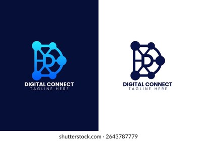 Initial letter D connecting digital data logo. Flat geometric shape vector logo design template element. Suitable for business, data network and digital branding.