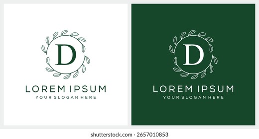 Initial letter D cosmetic spa and fashion logo design, serif font symbol icon, leaf organic graphic vector