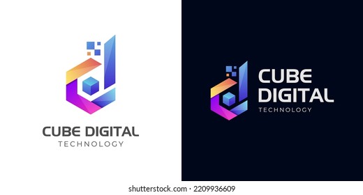 initial letter D cube digital tech logo design for Business corporate letter D logo design. geometric colorful D logo with hexagon technology logo symbol