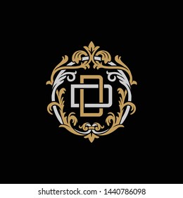 Initial letter D and D, DD, decorative ornament emblem badge, overlapping monogram logo, elegant luxury silver gold color on black background
