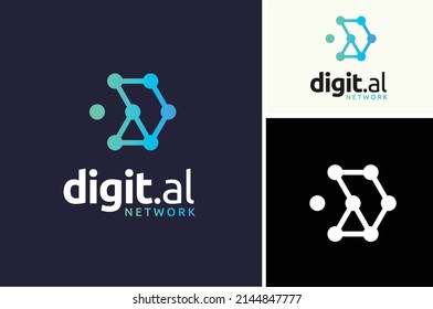 Letra inicial D con el diseño del logotipo de la línea de circuito de conexión de los puntos de trama futurista digital
