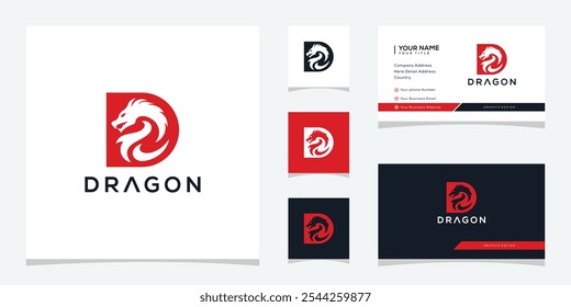 Initial Letter D Dragon Logo Design, Business Card Vector Template.