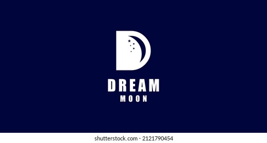 Letra inicial D Dream Moon Star Night Sleep Diseño del logotipo del vector de la cama Sky Pillow Moonlight