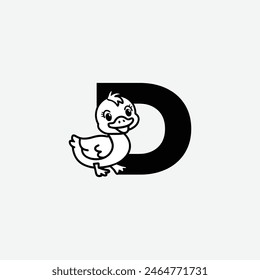 Initial Letter D with Duck Logo Design. Duck is sporting a happy smile. Letter D Vector cute animals character duck isolated illustration and lettering on white background.