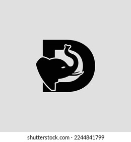 Initial letter D with elephant shape line art. Modern Elephant D Letter Alphabet Logo Design.