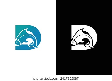 Initial Letter D Fish Logo Design Vector Icon Graphic Emblem Illustration. Word mark logo icon formed fish symbol in letter D in White background.