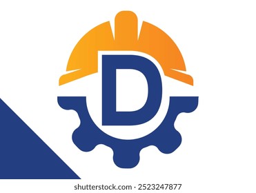 Letra inicial D com engrenagem e capacete. Vetor de design de logotipo de engenharia de engrenagens