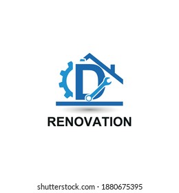 Letra inicial D con engranaje, llave inglesa e icono del hogar para vectores de diseño del logotipo de renovación, construcción, reparación y mantenimiento del hogar