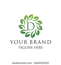 Letra inicial D verde folhas orgânico natural logotipo design, cosméticos e beleza vetor ícone conceito