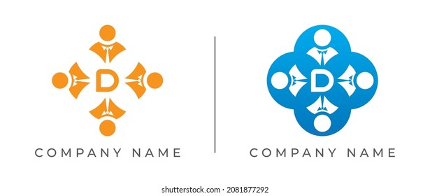 carta inicial D con el grupo de empresarios. Plantilla de logotipo de trabajo en equipo.