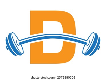 Initial Letter D Gym Logo Design Concept With Straight and Curved Barbell Symbol. Fitness Sign, Bodybuilding, Workout Vector