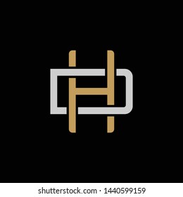 Initial letter D and H, DH, HD, overlapping interlock logo, monogram line art style, silver gold on black background
