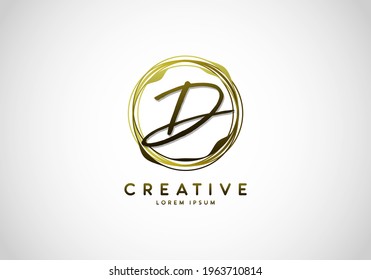 Initial Letter D Handwriting Stylish Signature, Circle Abstract Gold, Template Logo Vector.