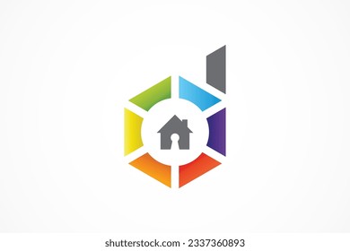 Letra inicial D Logotipo de seguridad para el hogar colorido del hexágono