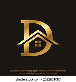 Diseño del logotipo de oro de la carta inicial D de la casa. Concepto del logotipo inmobiliario. Ilustración vectorial