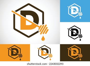 Initial letter D with honeycomb bees logo design vector illustration. Honey logo font emblem